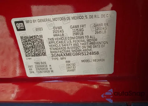 2024 Chevrolet Equinox Fwd Rs из США, поврежденный, VIN 3GNAXMEG9RS124858